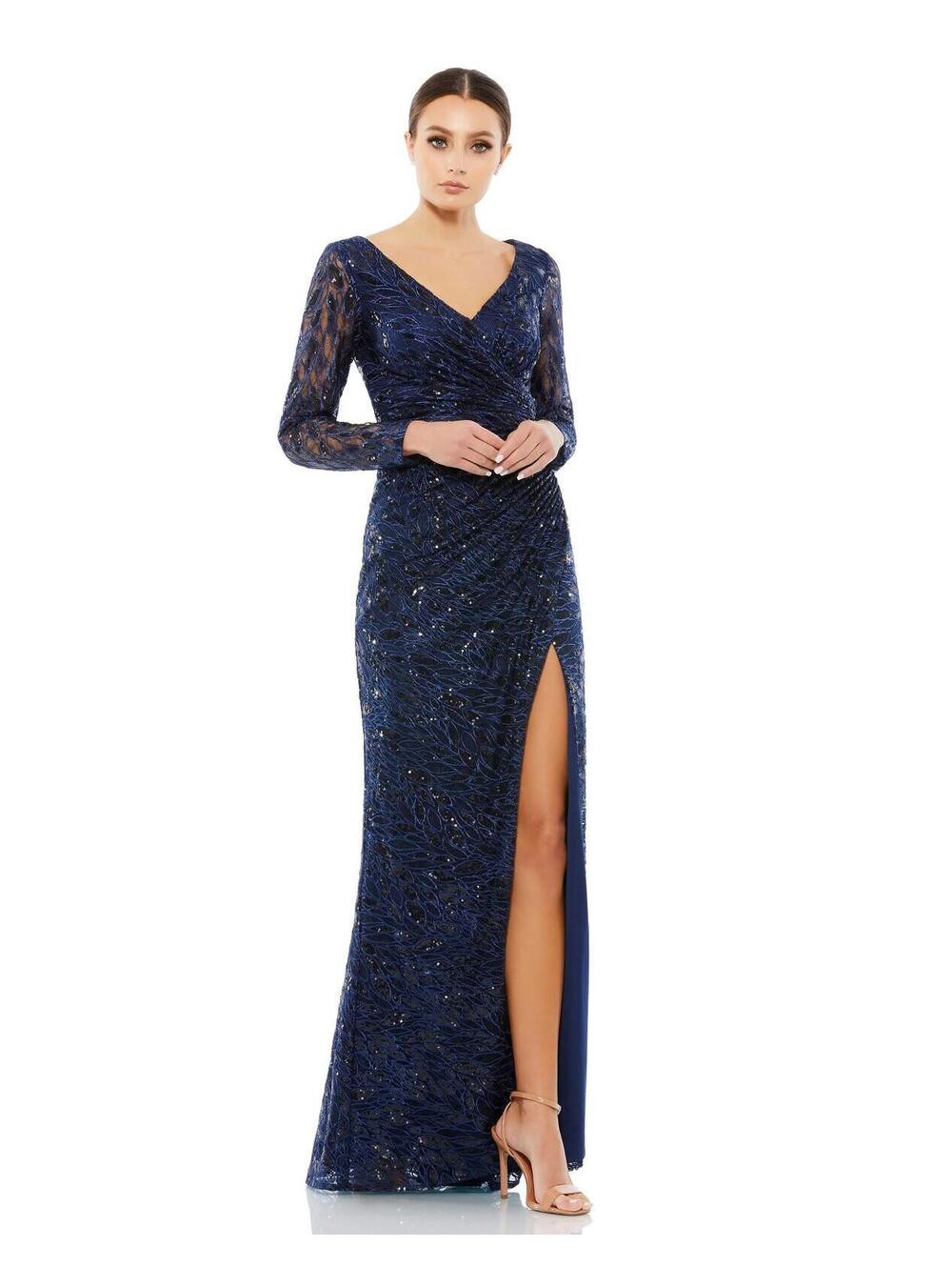 NWT Mac Duggal 12412 Navy Sequin Gown Long Sleeve Formal Dress 6